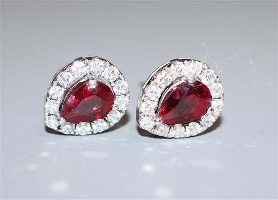 A pair of 18ct white gold, ruby and diamond pear-cut cluster ear studs, 10mm.